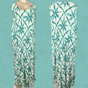 Denim 24/7 +3X Teal-Cream Floral Rayon Crinkle Scoop Neck Sleeveless Maxi Dress